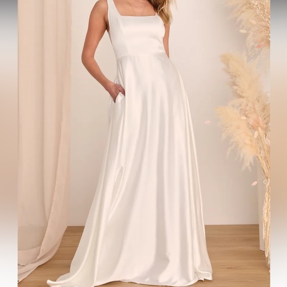 Lulus Endless Radiance Ivory Satin Sleeveless Maxi Dress With Pockets - Picture 1 of 11